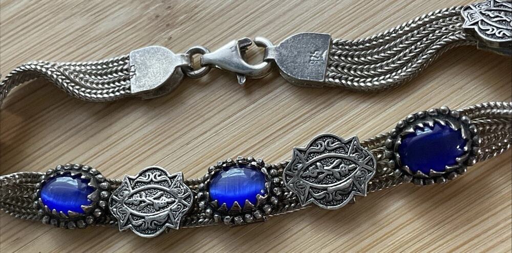 Vintage 925 Sterling Silver Blue Cat Eye Concho Multi Strand Bracelet 7.25”